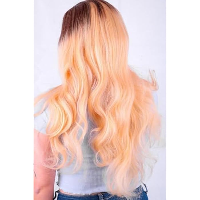 DILLARDS Premium Long Wavy Wig, Light Peach Ombre Synthetic Hair, Heat Resistant Fiber, Natural Looking with Root Gradient Effect - Image 4